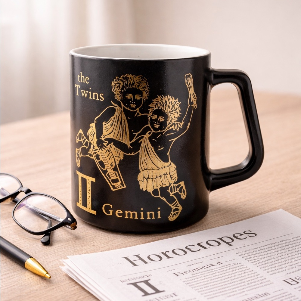 Vintage, Milk Glass, Black & Gold Zodiac Sign Gemini Mug by Federal Glass